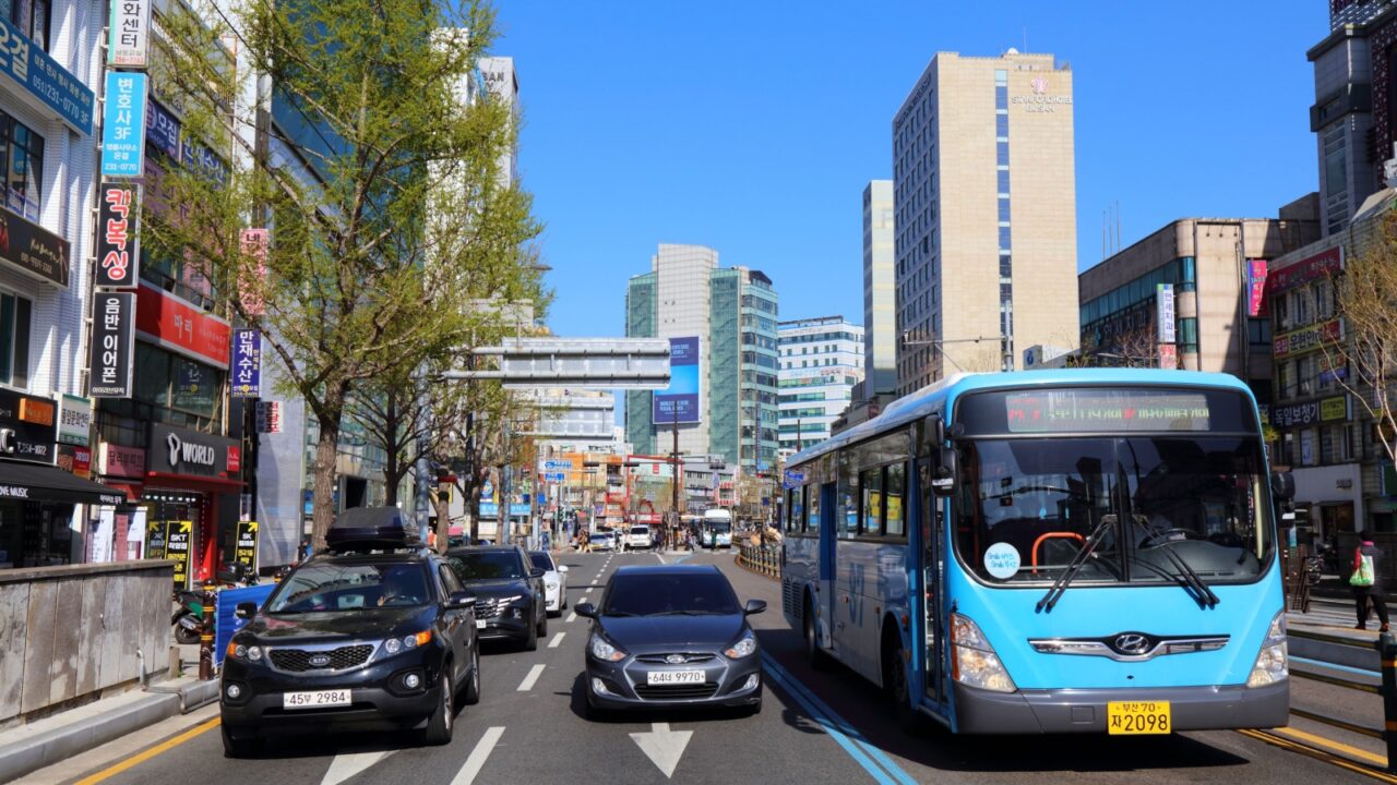 BUSAN, SOUTH KOREA - MARCH 27, 2023: Hyundai brand city bus, public transportation in Busan, South Korea.
