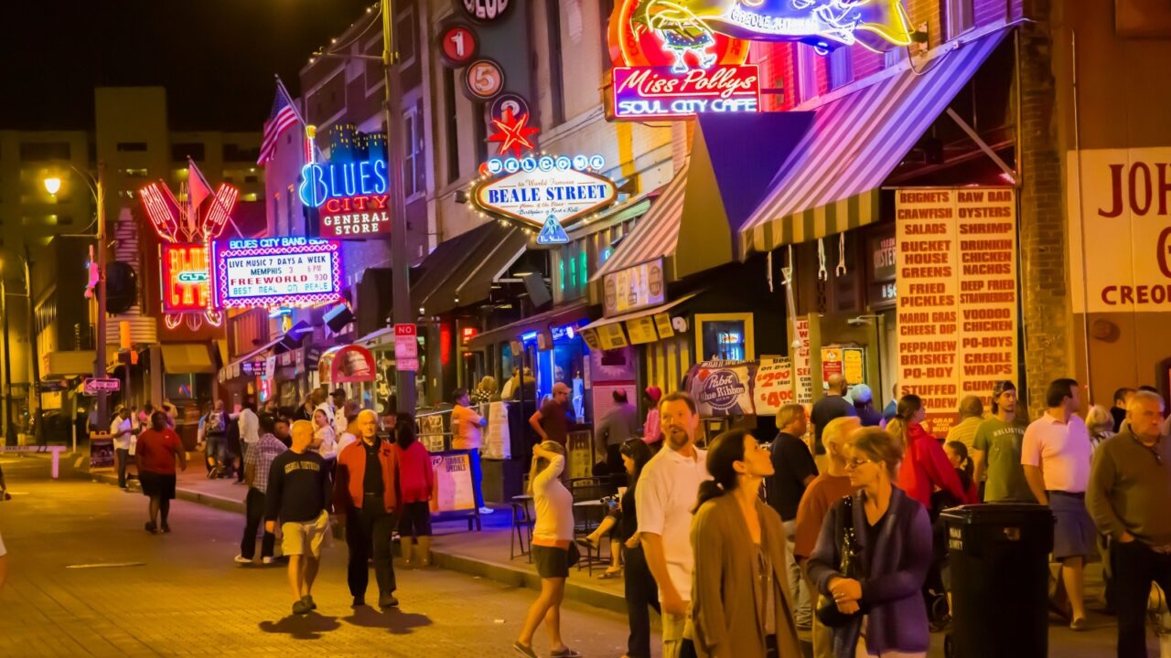 Memphis, TN - 10-23-2012: The Beale Street (home of the blues) night time crowd in Memphis.