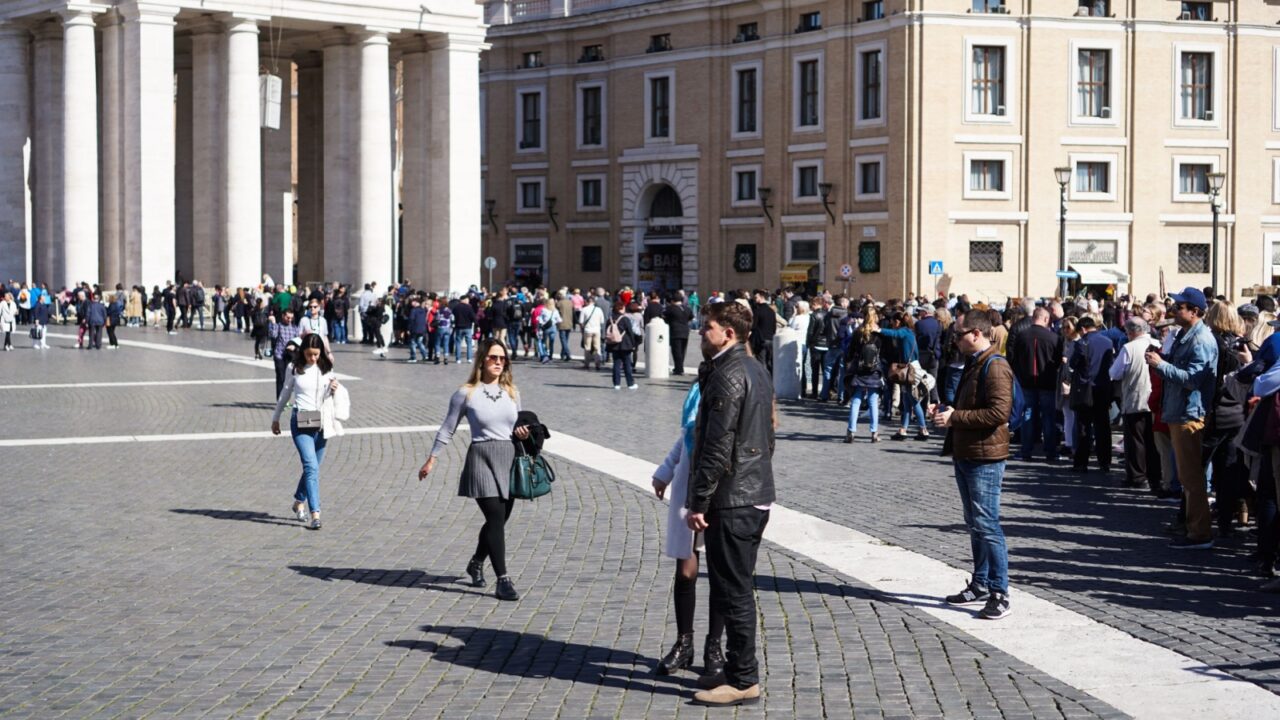 Rome, Italy. March 9, 2018. St. Peter's Square. People standing in queue to visit St. Peter's Basilica.
