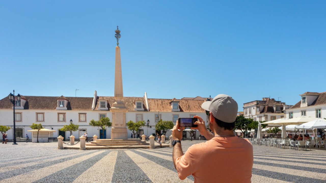 Portugal, August 2020: Central square of Vila Real de Santo António, border town in Algarve known as the little Lisbon of the Algarve, Portugal