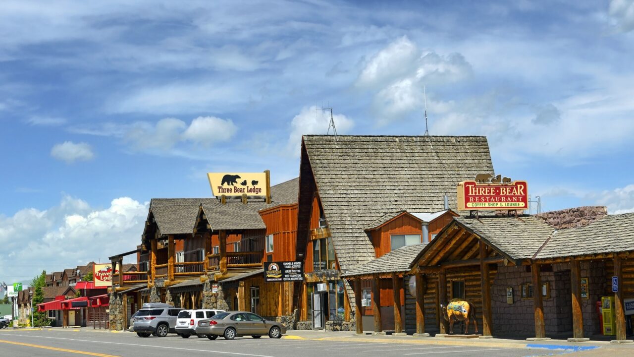 WEST YELLOWSTONE, USA - JUNE 21, 2018: A small town on the edge of the Yellowstone National Park, Montana. Yellowstone National Park is UNESCO World Heritage Site