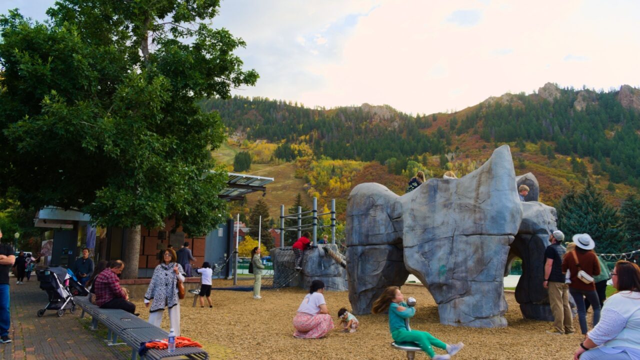 Aspen, Colorado, USA, Sept 28, 2024: Landscape, a public playground under mountain.