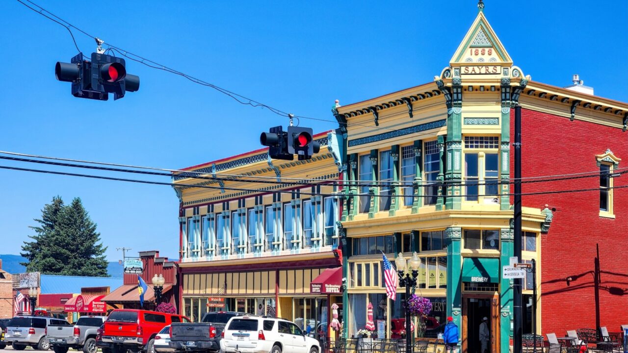 PHILIPSBURG, MONTANA - JULY 21, 2023: View of the brewery, hotels and shops on Broadway street. Philipsburg is a historic town in and the county seat of Granite County, Montana.