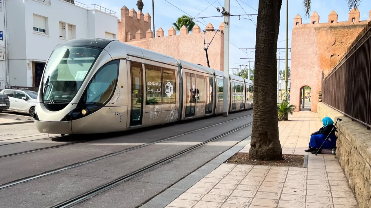 a modern tramway passing on the road in rabat morocco