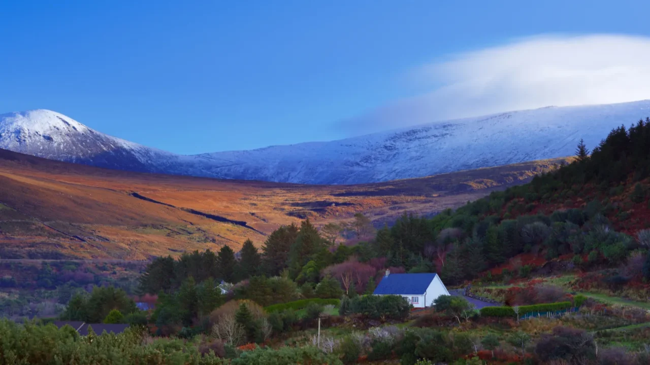 a scenic view of a snowy kerry mountains in county