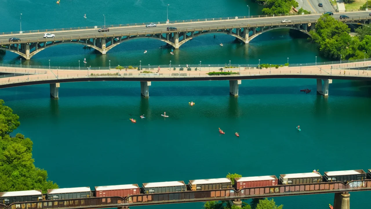 aerial drone image of austin texas colorado river summer 2018