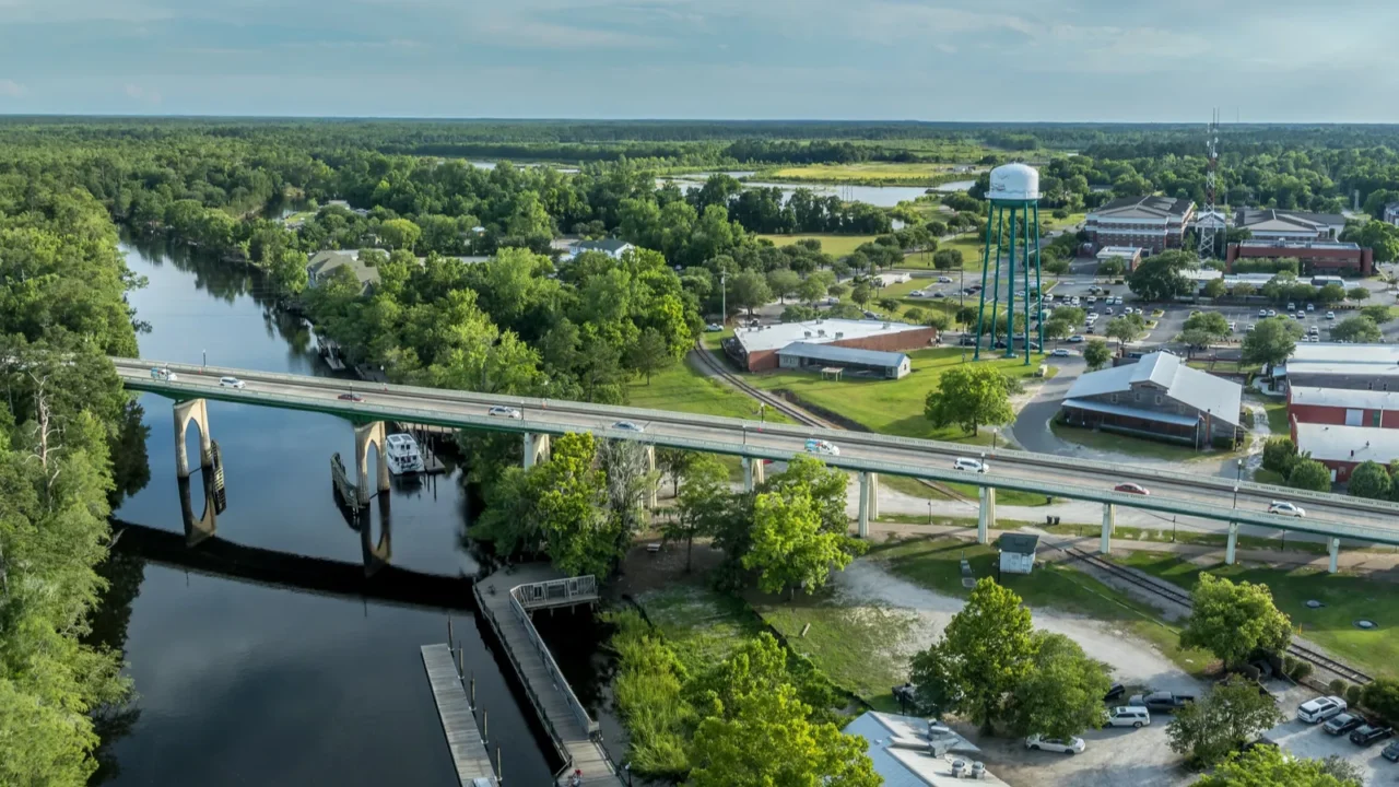 aerial of conway small town on a bluff overlooking the