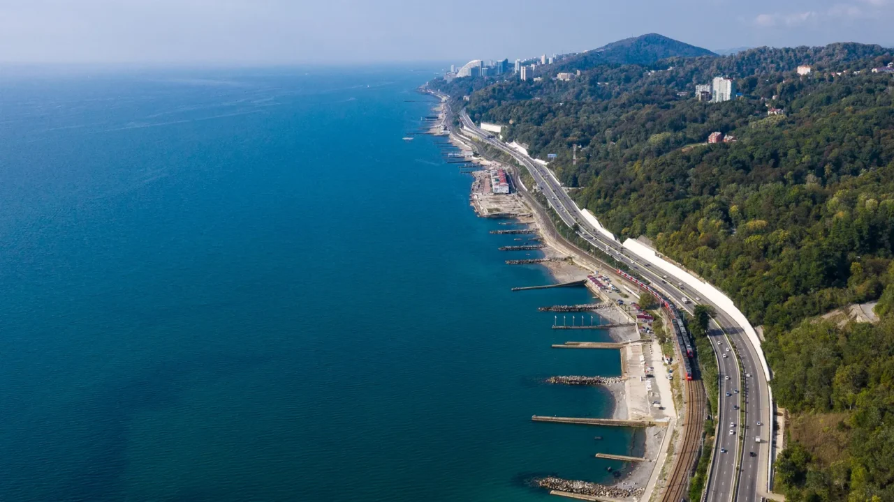 aerial photography photo the road along the seashore russian resort