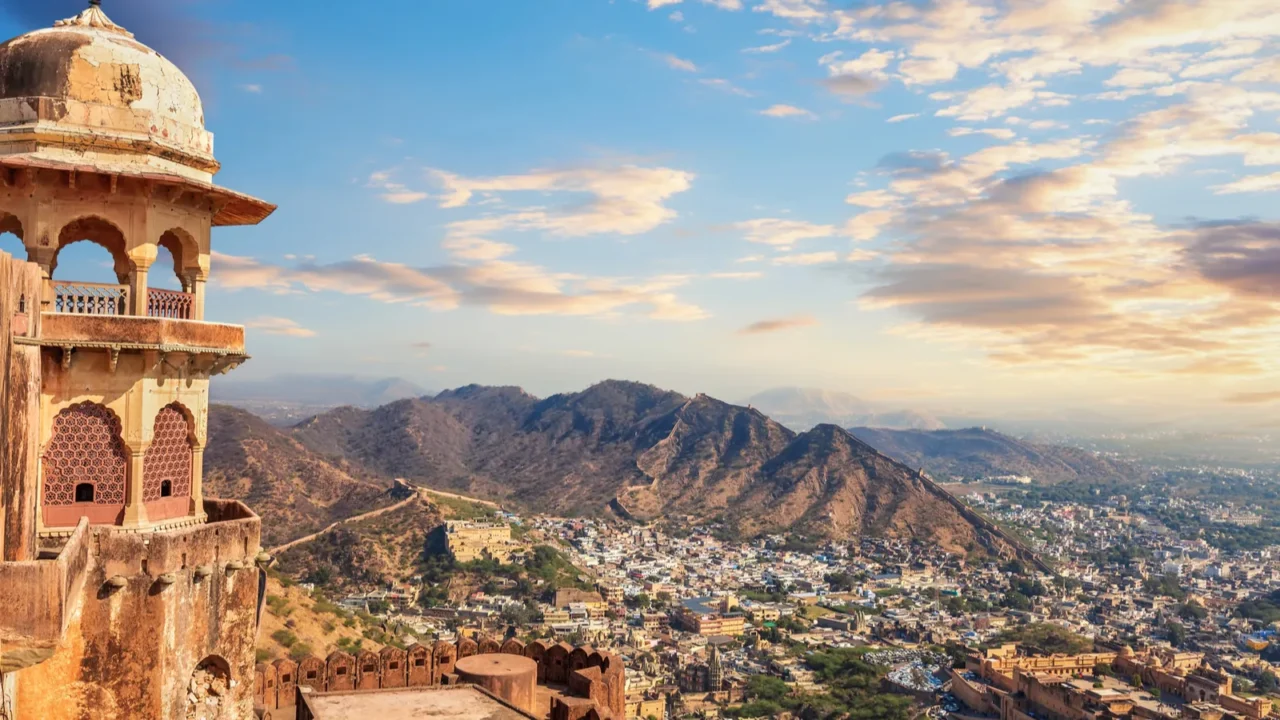 aerial view from jaigarh fort at sunset india rajasthan jaipur