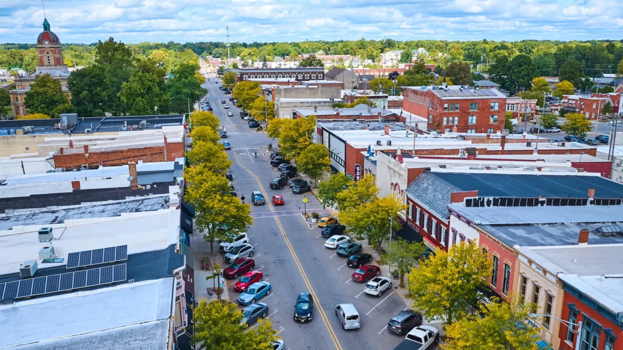 aerial view of charming downtown goshen indiana with historic courthouse