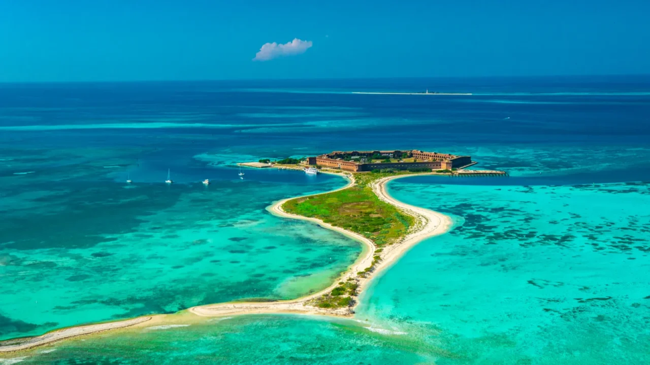 aerial view of civil war fort jefferson and gulf of