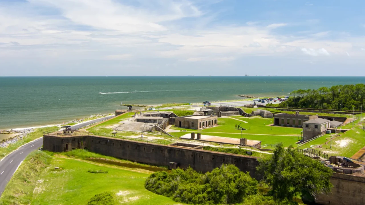 aerial view of fort gaines on the beach at dauphin