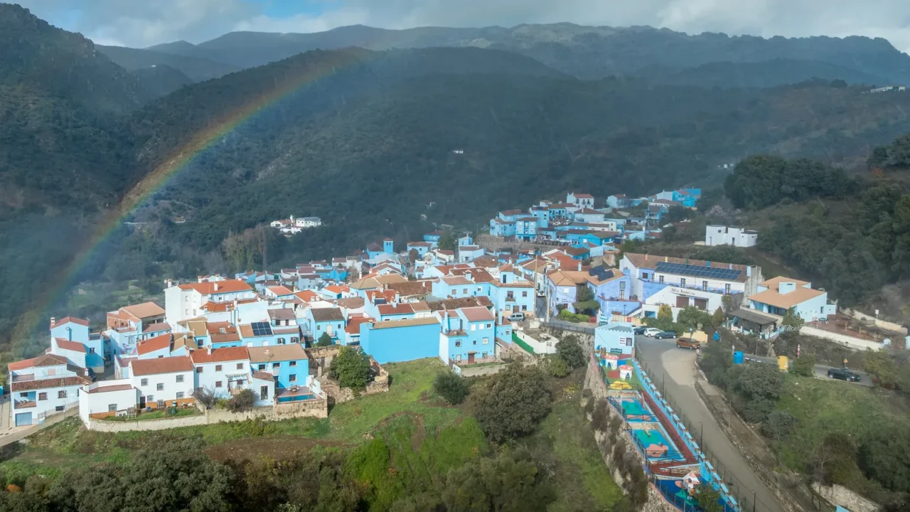 aerial view of smurf village juzcar houses painted with blue