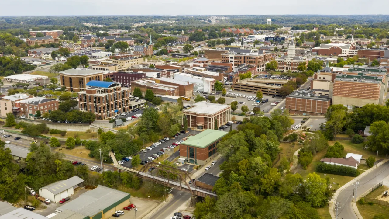 aerial view over the buildings and infrastructure in clarksville