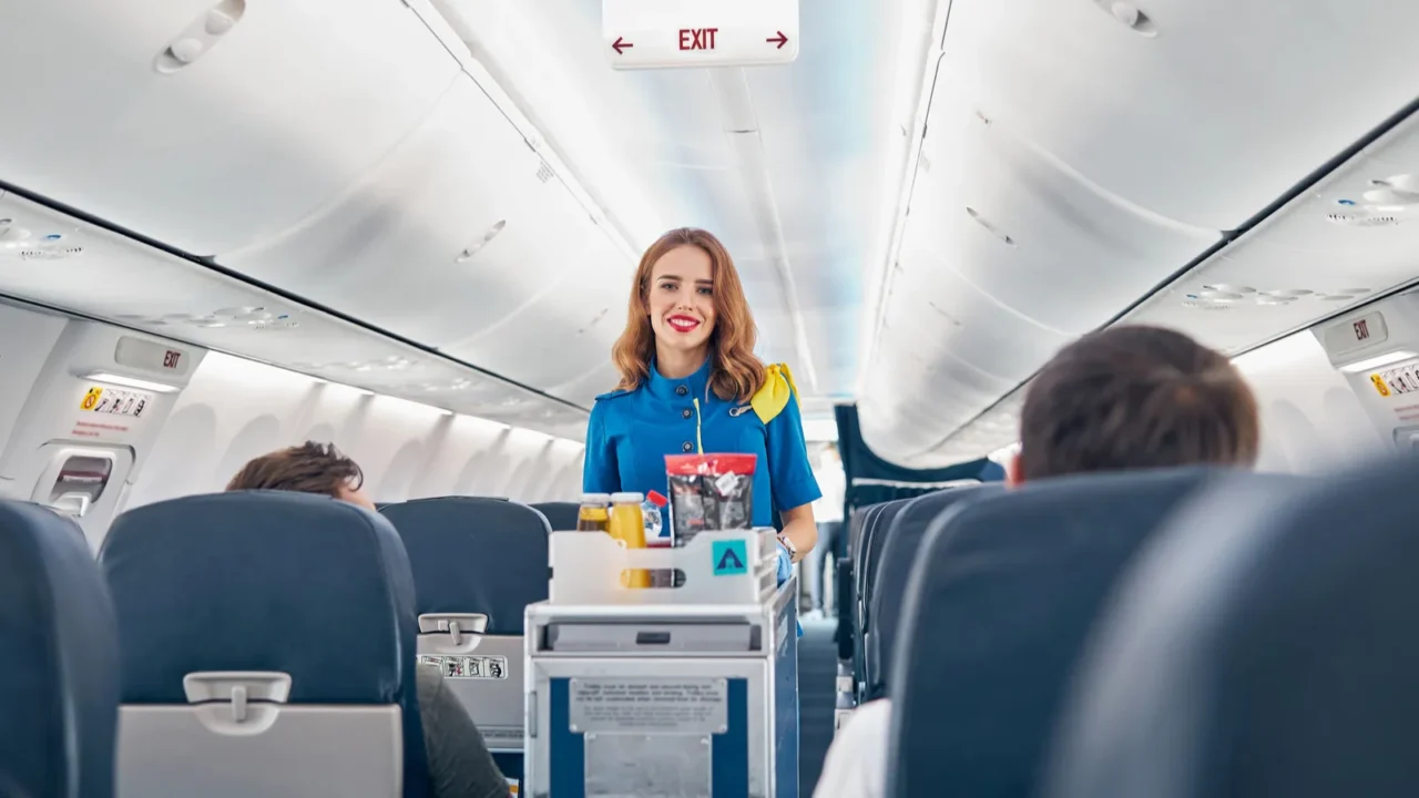 air stewardess serving food on the board commercial airplane