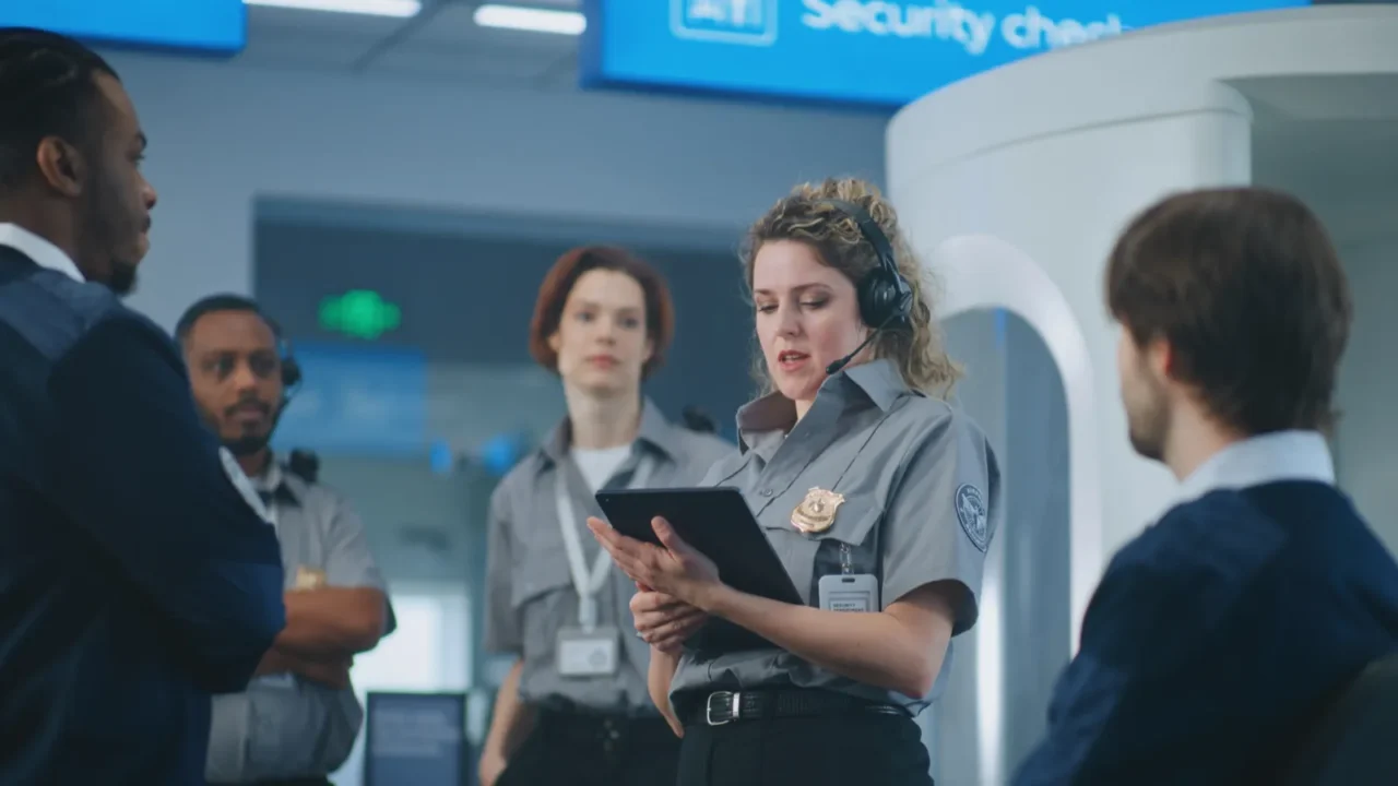 airport security system female security officer in headset with tablet