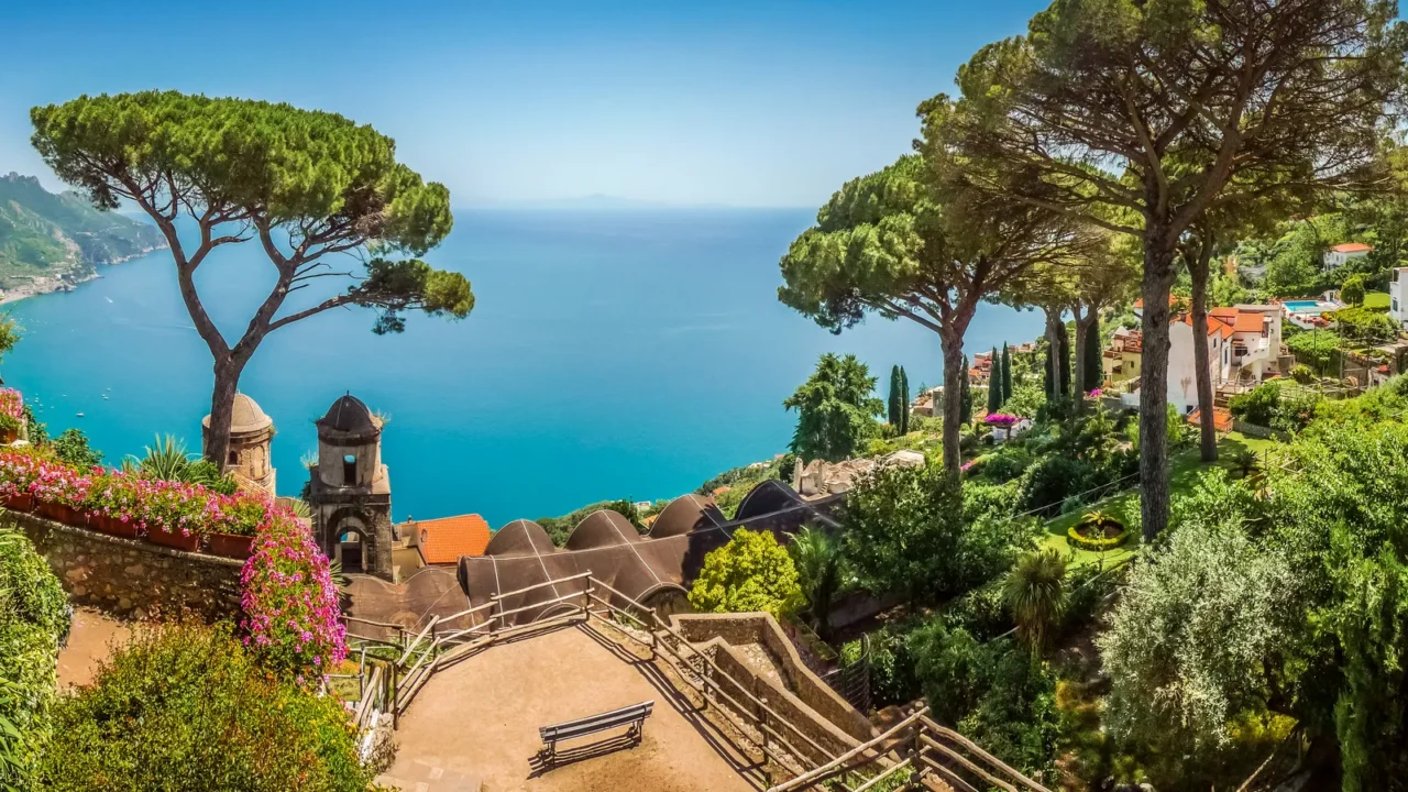 amalfi coast from villa rufolo gardens in ravello campania italy