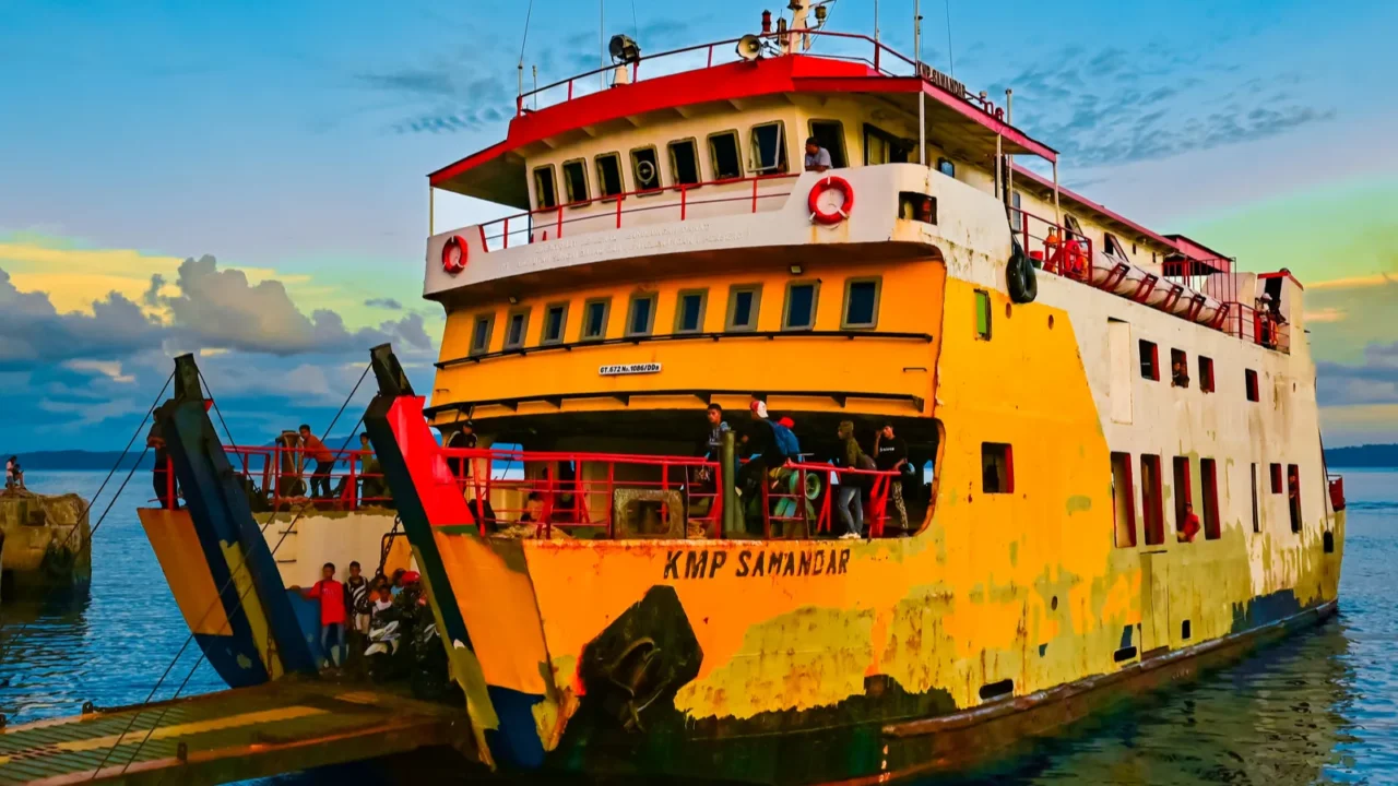 ambon indonesia  april 7 2024 sunset at the ferry