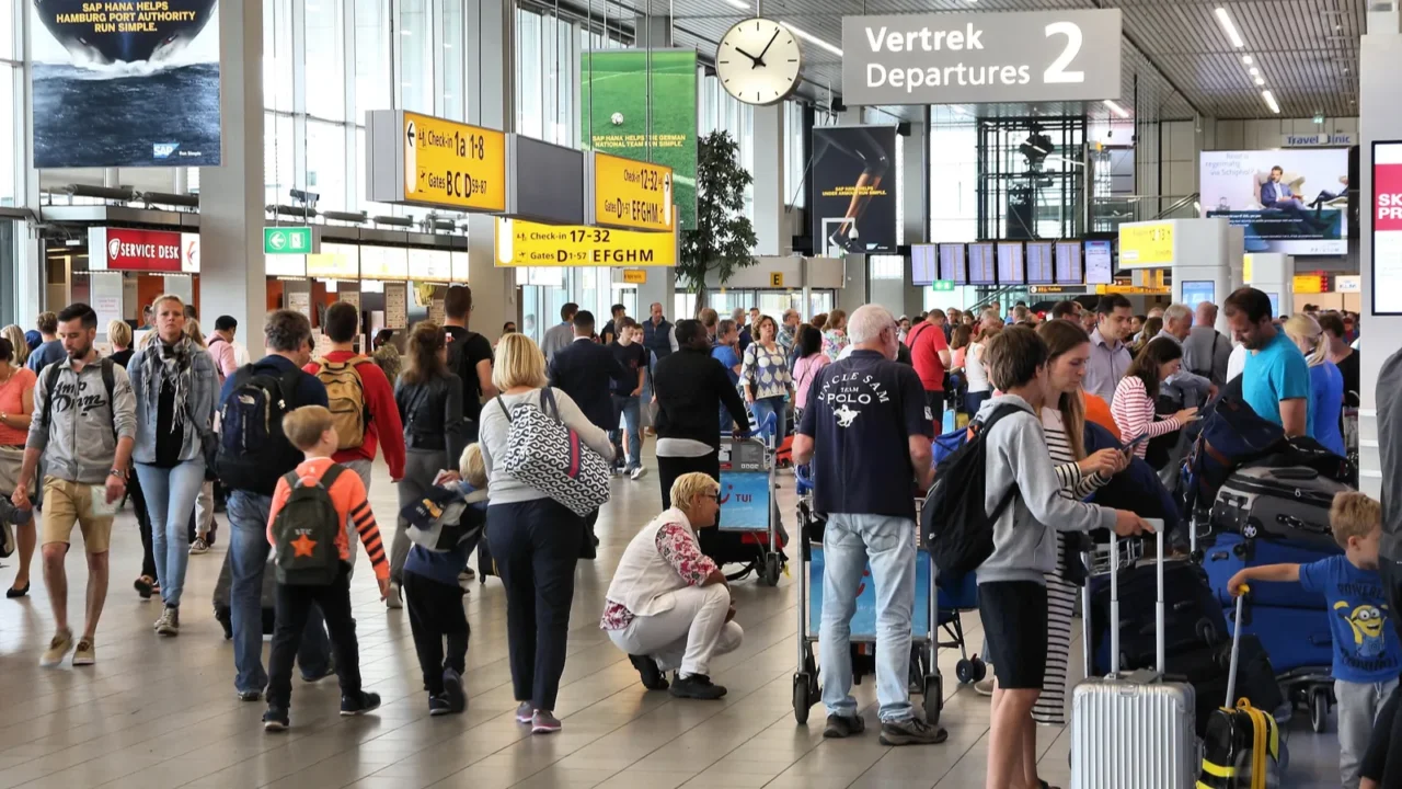 amsterdam netherlands  july 11 2017 passenger crowd at schiphol