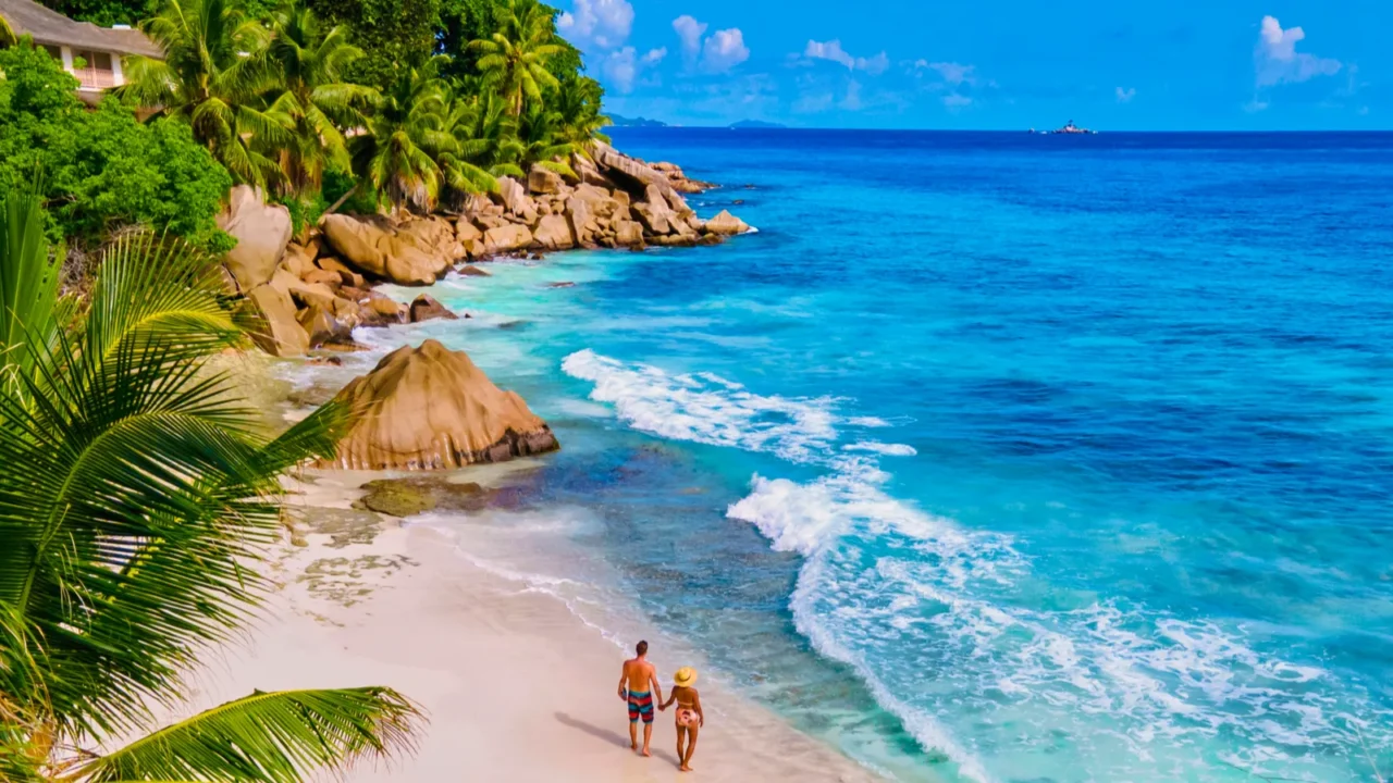 anse patates beach la digue island seyshelles drone aerial view