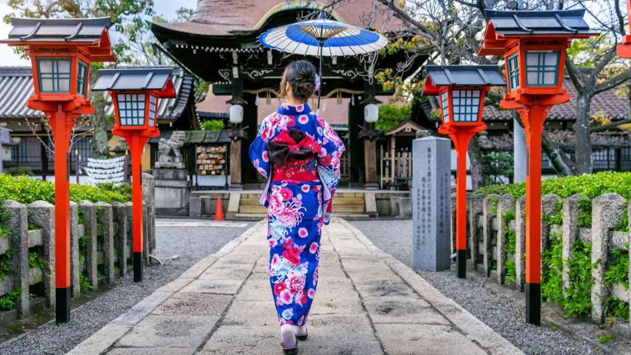 asian woman wearing japanese traditional kimono at kyoto temple in