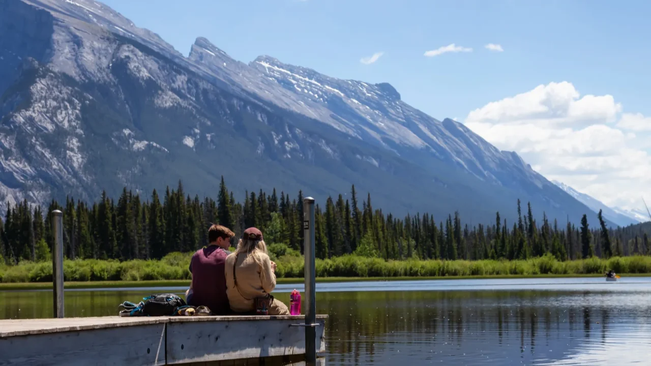 banff alberta canada  june 19 2018 couple friends