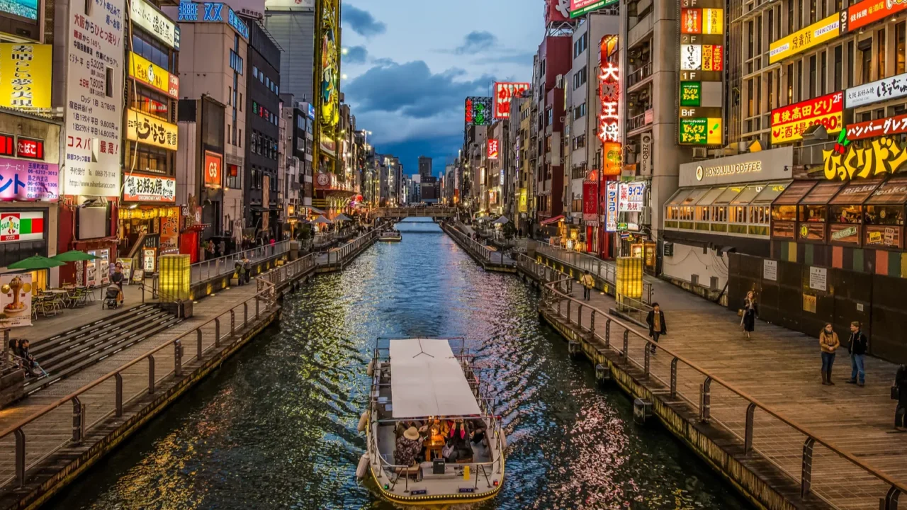 beautiful dusk light and neon lighting on a canal in