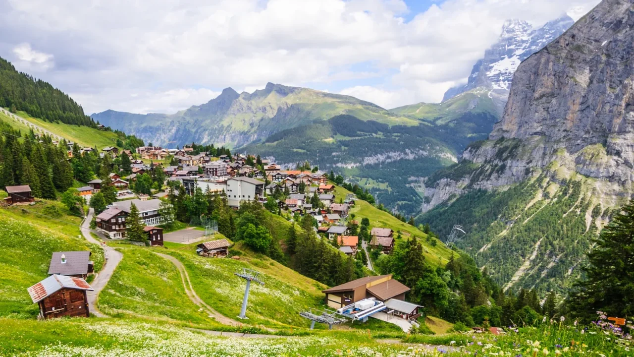 beautiful landscape view of charming murren mountain village with lauterbrunnen