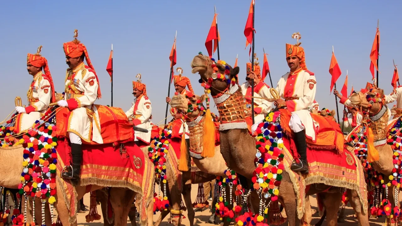 camel procession at desert festival jaisalmer india