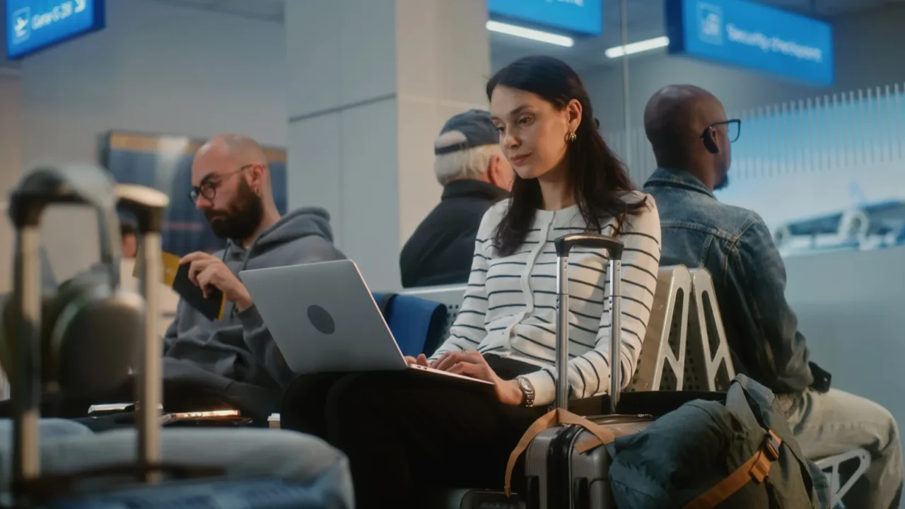 crowded international airport terminal adult woman working on laptop having