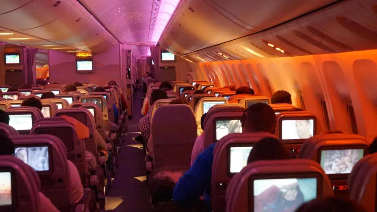 emirates interior of boeing777 aircraft at night