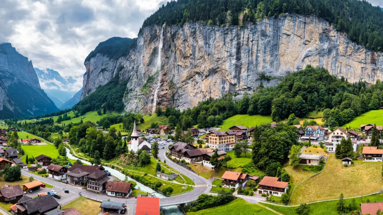 famous lauterbrunnen town and staubbach waterfall bernese oberland switzerland europe