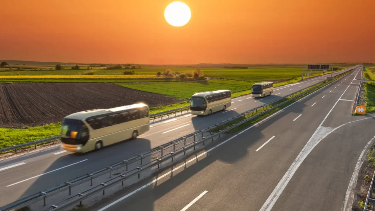 fast travel buses in a row on the highway at