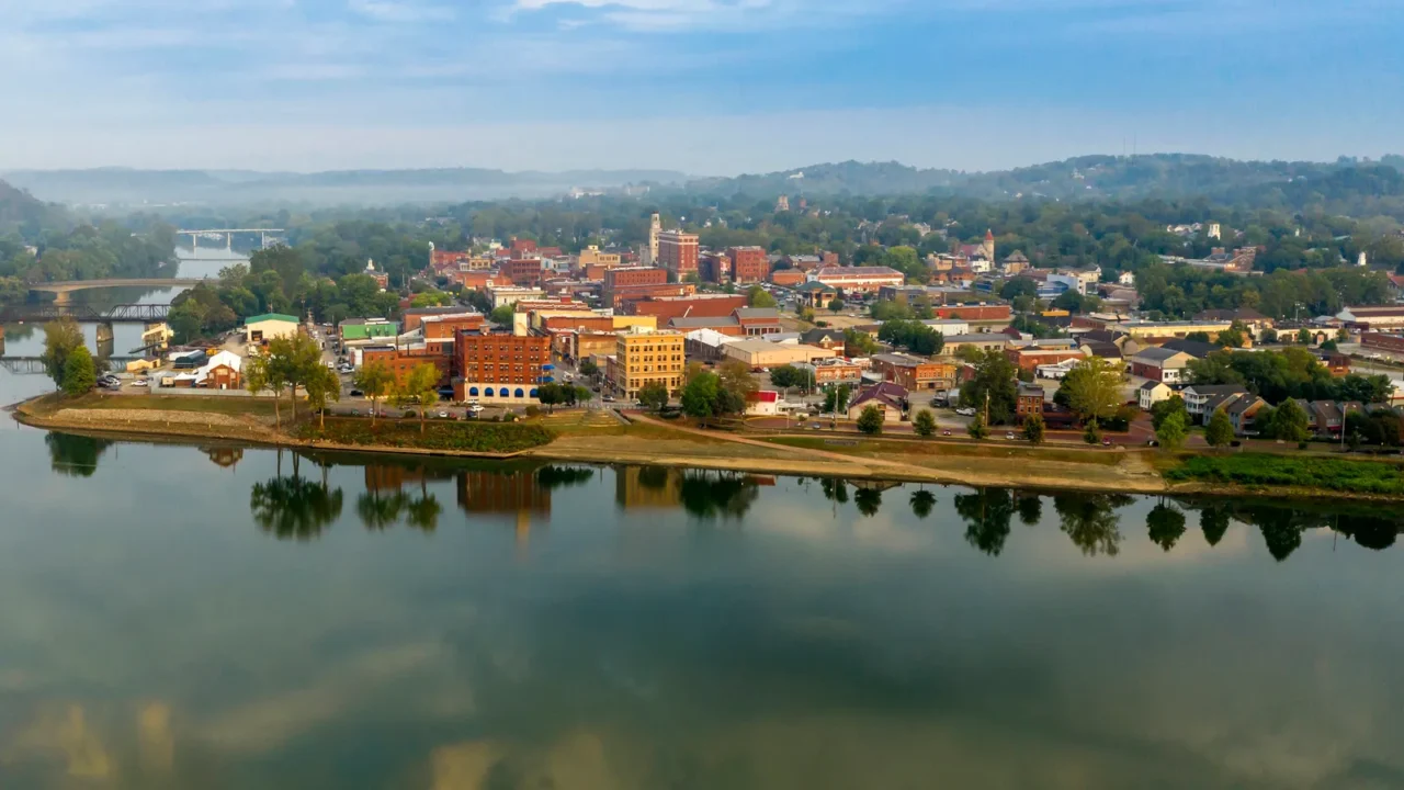 foggy morning over the river and main street marietta