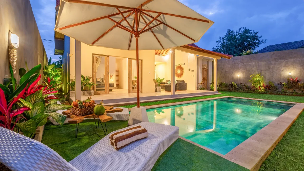 holiday villas with pool on twilight holiday concept