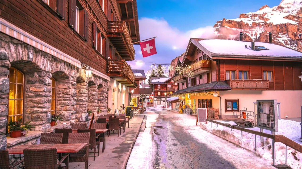idyllic alpine village of murren street sundown view berner oberland