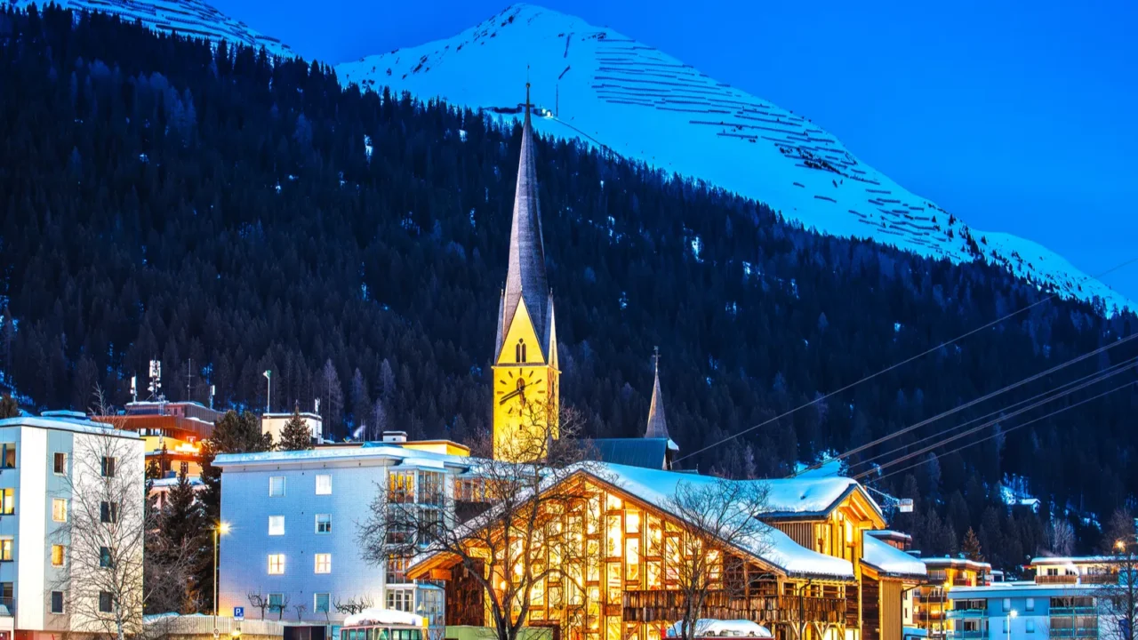 idyllic mountain town of davos in swiss alps evening view
