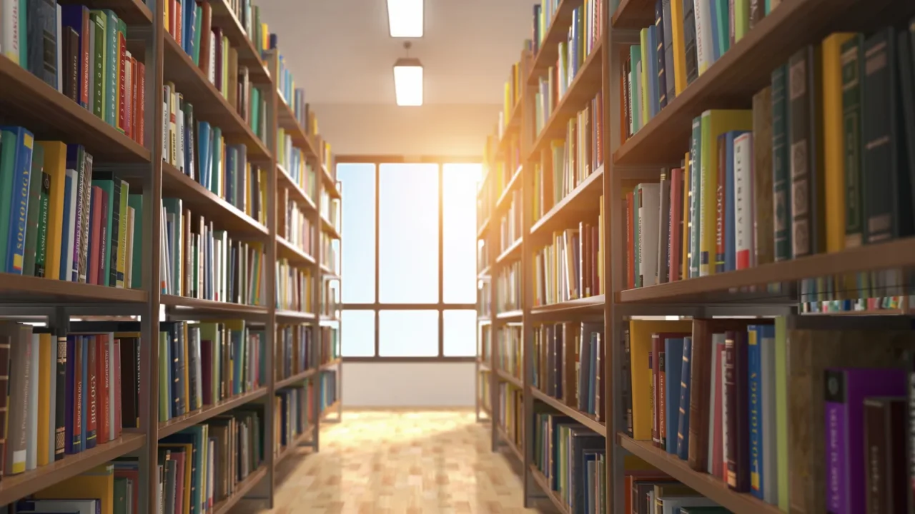 library stacks of books and bookshelf