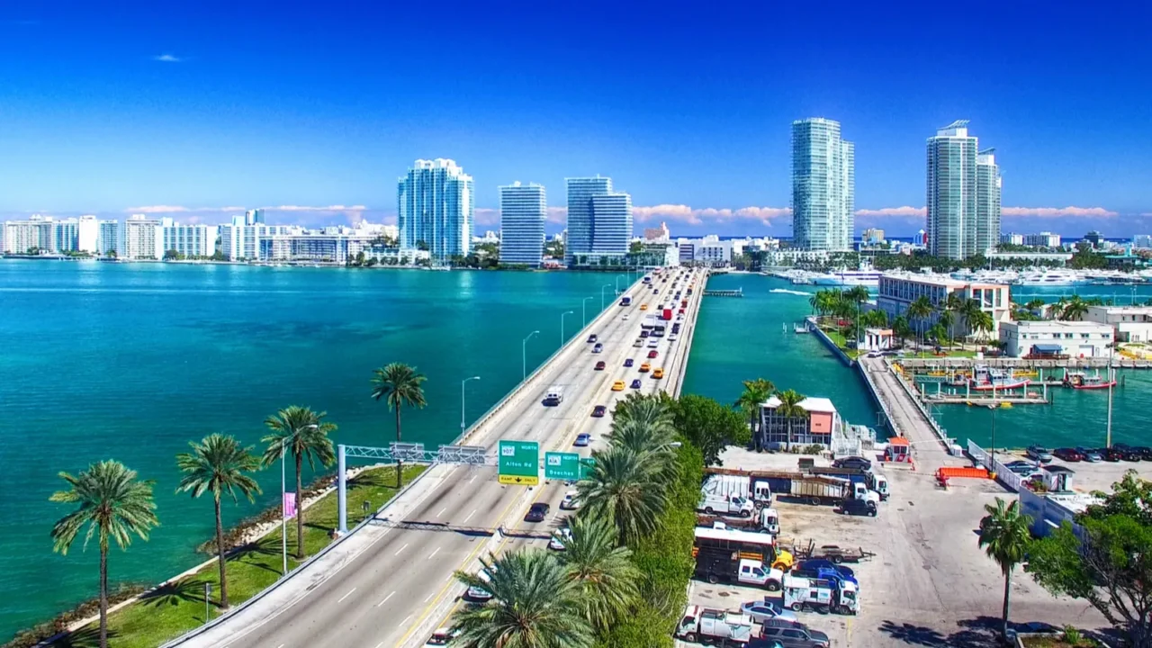 macarthur causeway and miami skyline from the air