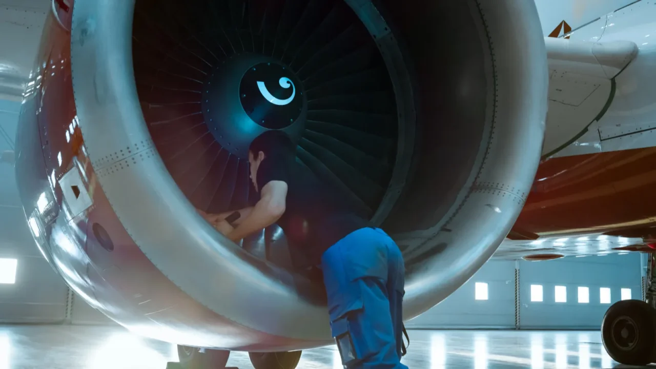 in a hangar aircraft maintenance engineer technician mechanic inspects with