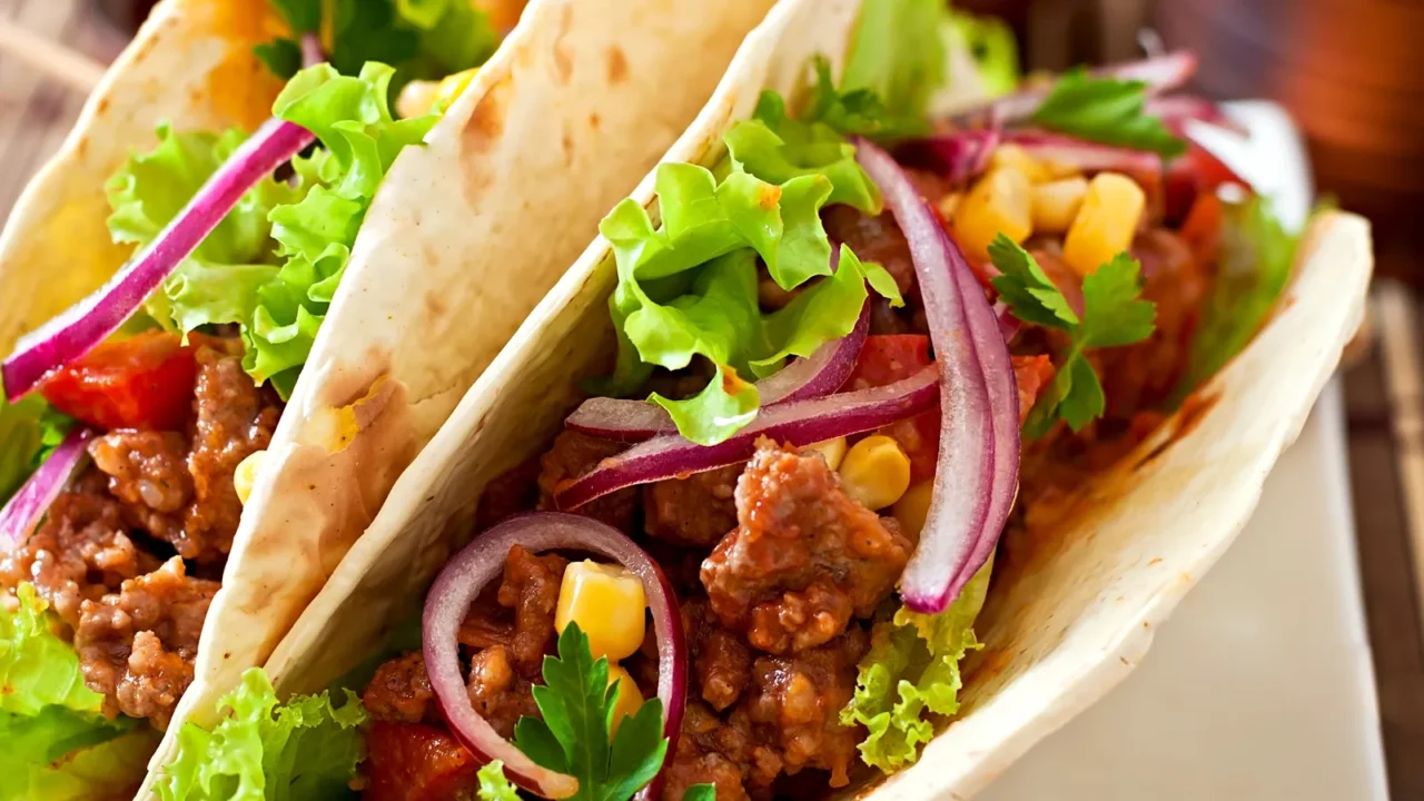 mexican tacos with meat vegetables and onion