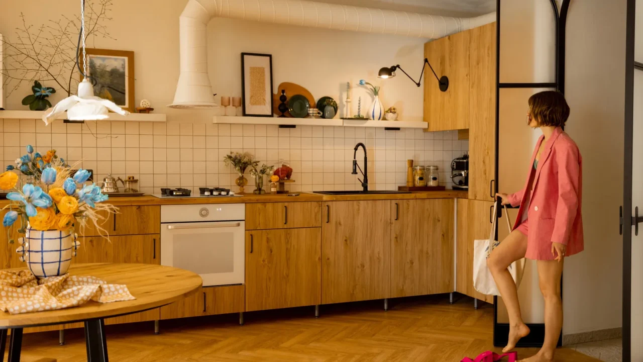 modern studio apartment viiew on spacious kitchen in beige tones