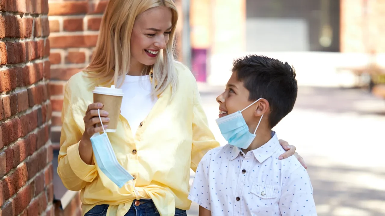 mother and son enjoy walking outdoors