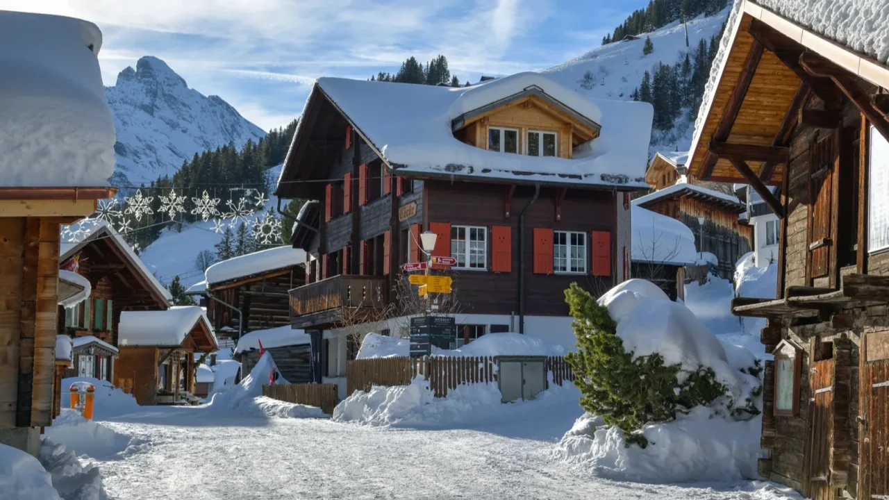 murren switzerland january 16 2019 winter atmosphere in beautiful village