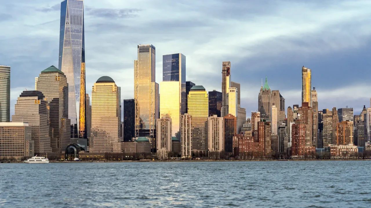 new york city manhattan skyline cityscape at sunset from new