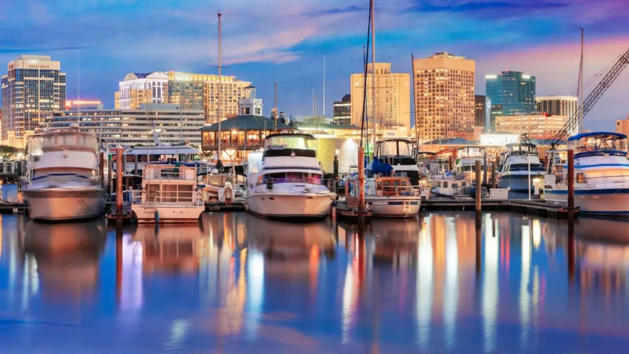 norfolk virginia usa cityscape on the chesapeake bay at twilight