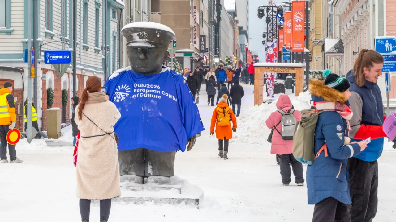 oulu finland january 17 2026 statue of the market
