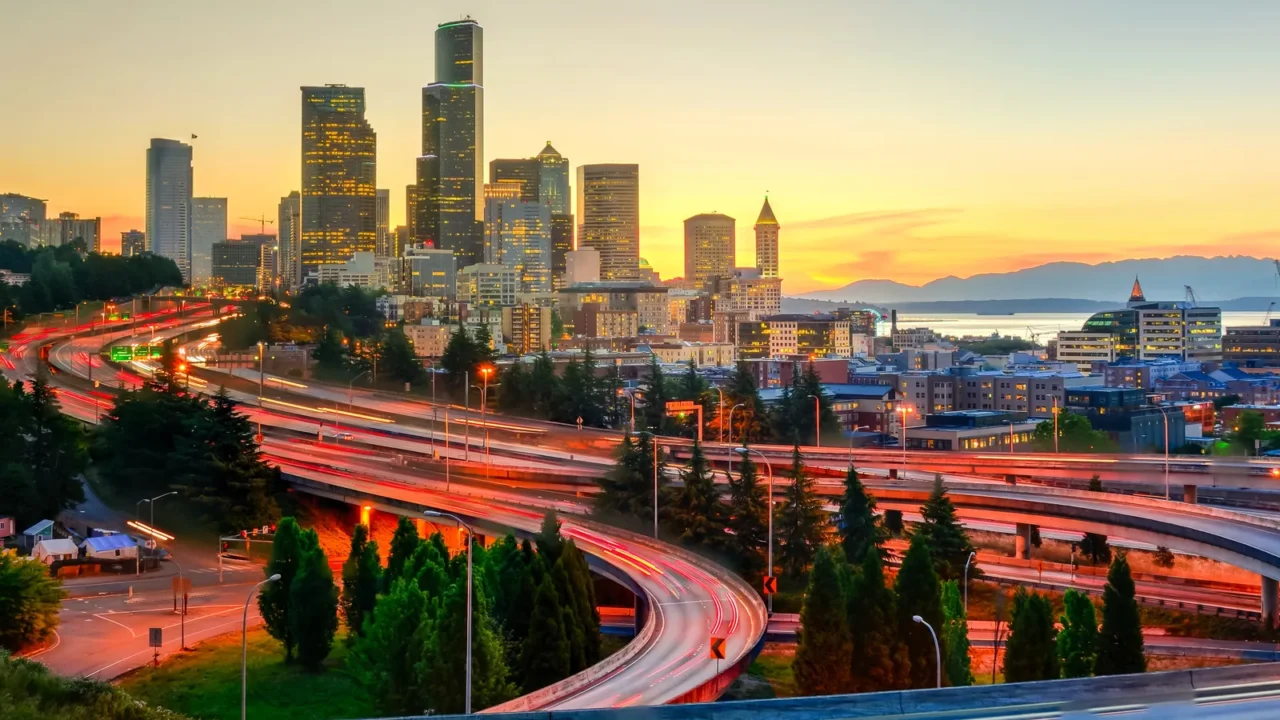panoramic view downtown seattle skyscrapers and i5 freeway at i90