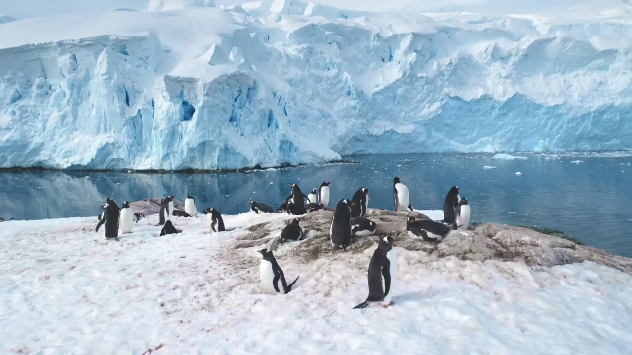 penguins colony on antarctic mountain coastline gentoo penguins nesting towering