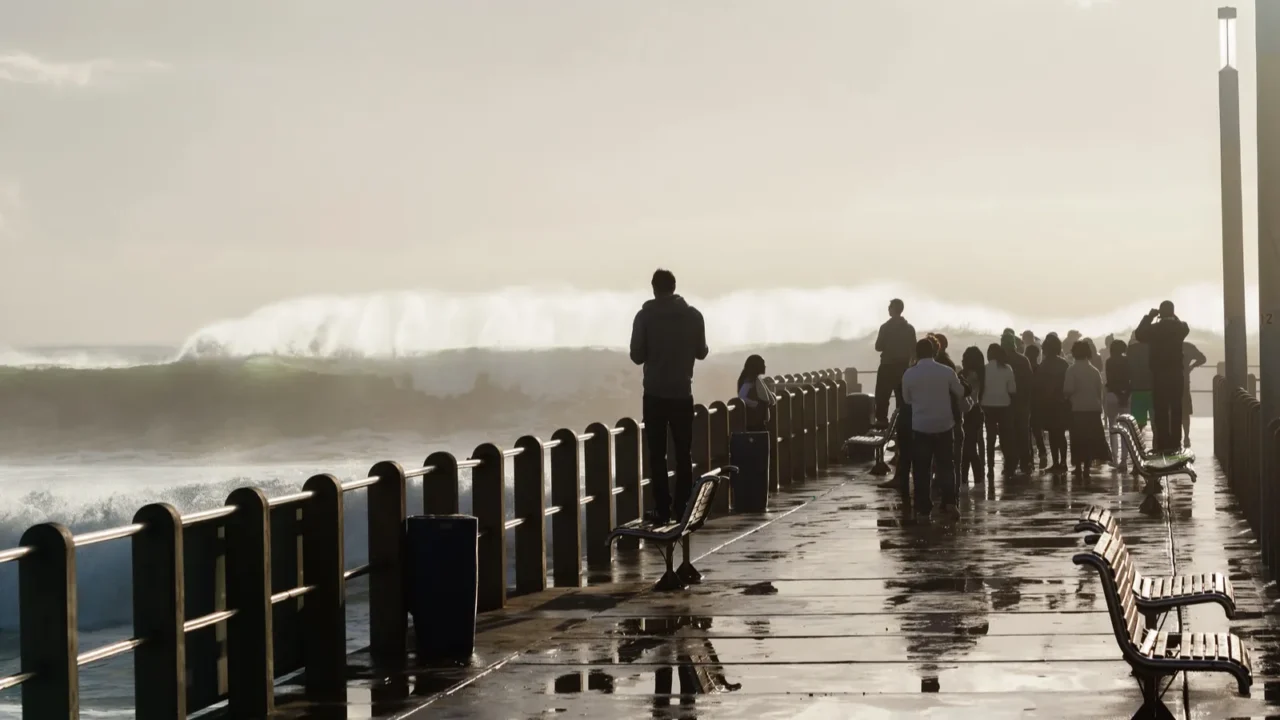 people beach pier waves